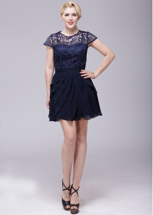 Cap Sleeves Navy Blue Lace Chiffon Flounced Prom Dress